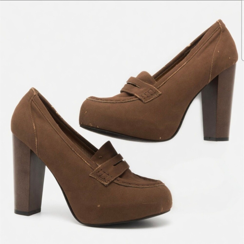 C Label Brown Suede Platform Block Heel Penny Loafers Women's Sz 7.5 5" Heel GUC